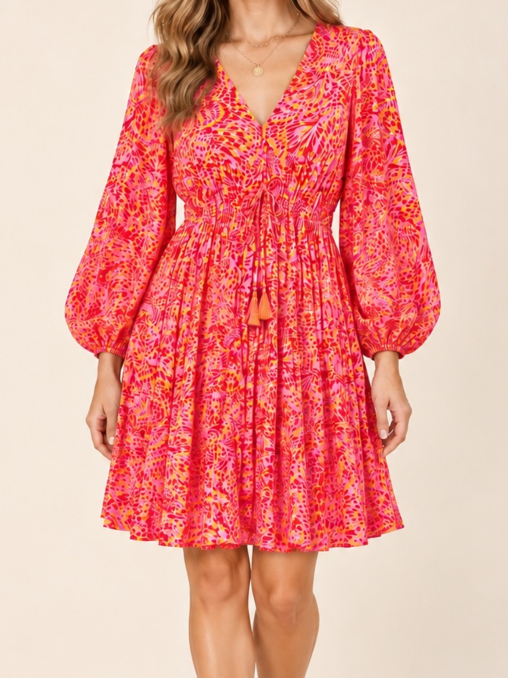 Hale Bob Rachael Jersey Dress Balloon Sleeve Floral Pink Orange Size Small